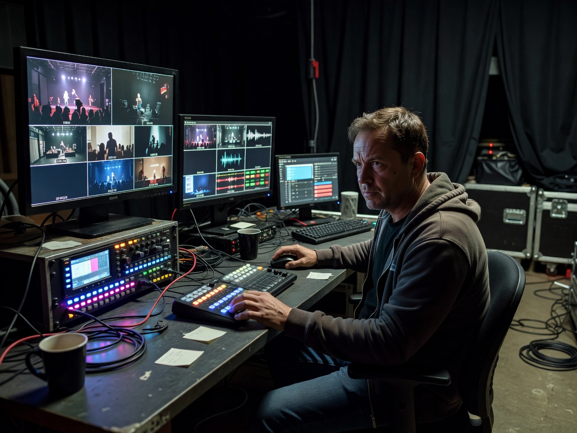 Streaming operator checking encoder status and audio meters at a control desk beside the stage