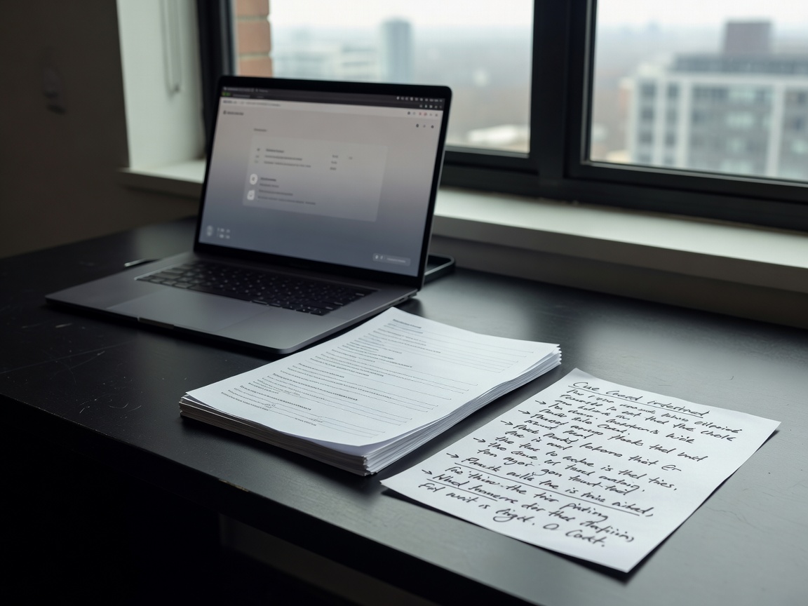 Production desk with a laptop, printed running order and handwritten cue notes beside a window
