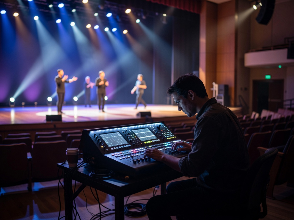 Lighting programmer working at a lighting console at front of house while presenters rehearse on stage