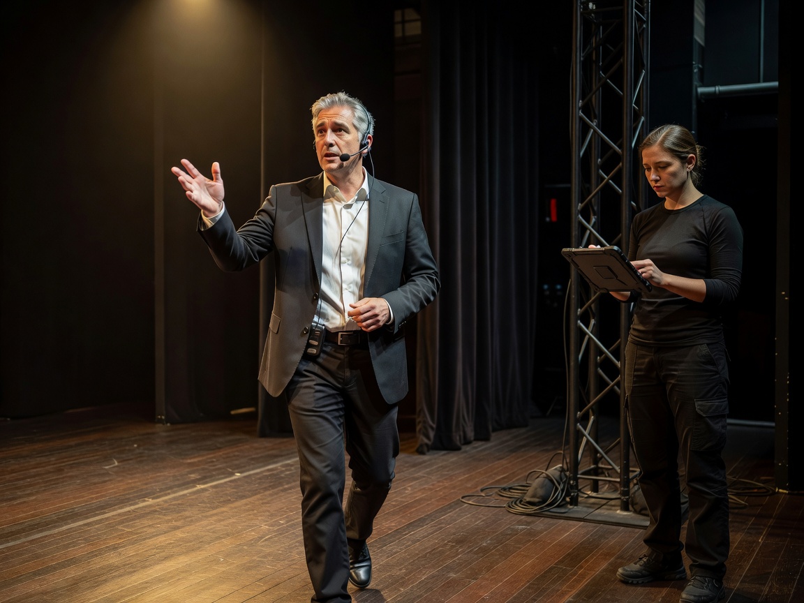 Presenter wearing a headset microphone rehearsing on stage while a stage manager checks the running order