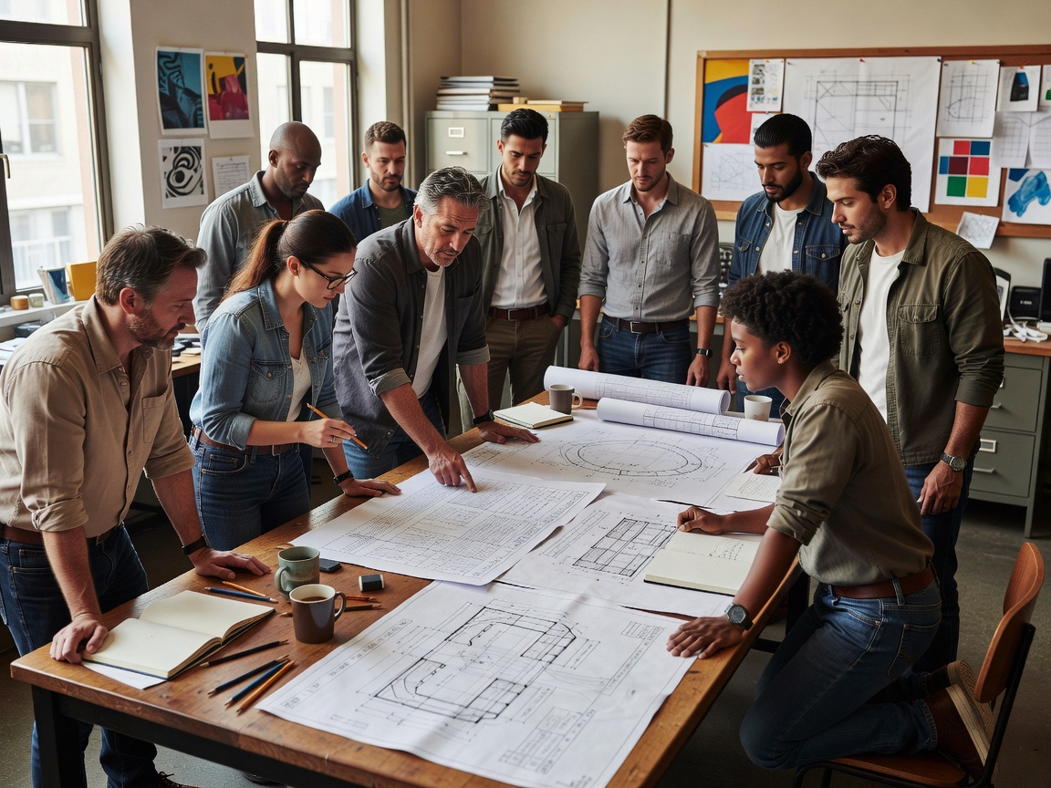 Production team in a daylit production office reviewing a cue sheet and venue drawings together