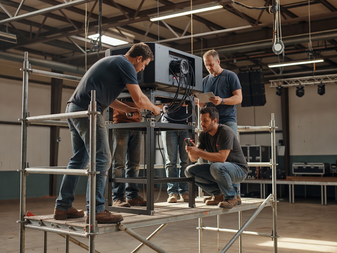 Projection technicians aligning a large-venue projector on a scaffold platform during an afternoon setup