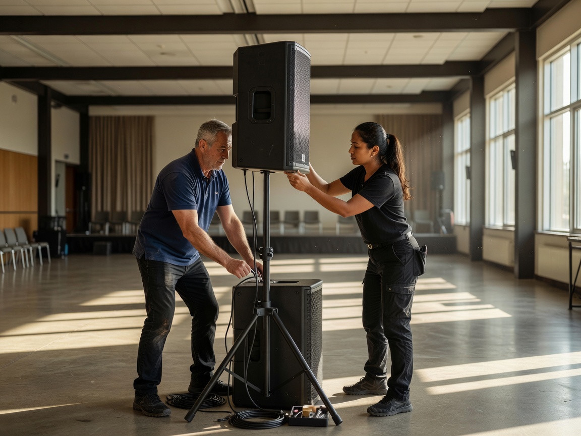 Sound crew positioning a delay speaker on a stand halfway down a daylit conference hall