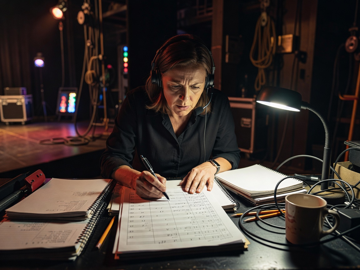 Stage manager at a backstage desk wearing a talkback headset, following a printed cue sheet with a pen