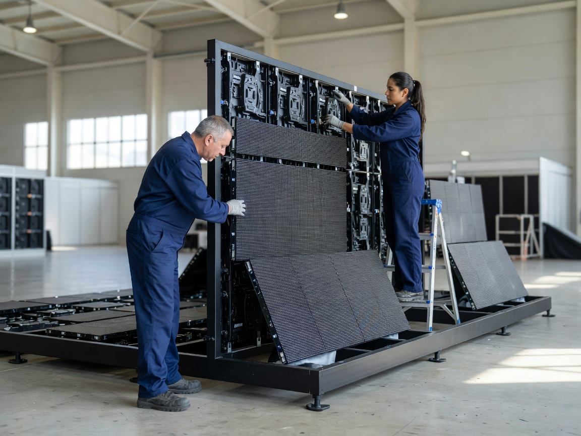 Technicians fitting LED tiles into a frame and checking cable connections in a daylit hall